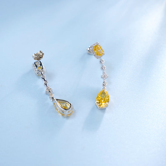 925 Sterling Silver Yellow Cubic Zirconia Drop Earrings | Emerald Cut & Pear Shape Dangle Earrings