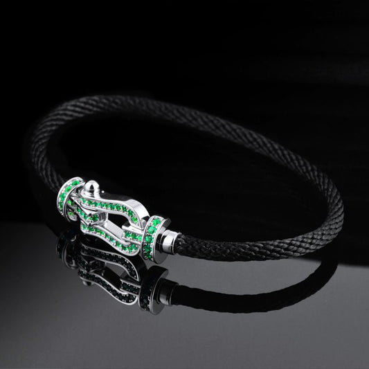 Lab Grown Emerald Black Cord Bracelet, 925 Sterling Silver Horsebit Buckle Rope Bracelet, 1ct Green Stones