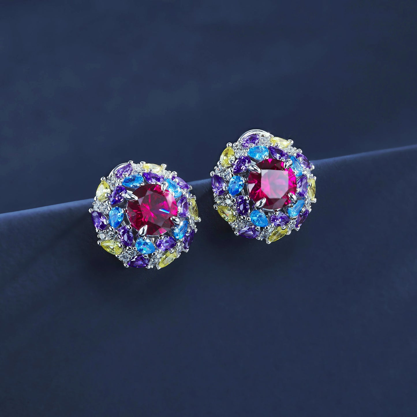 925 Sterling Silver Multi-Color Halo Stud Earrings, Round Lab Grown Ruby Earrings with Lab Created Gemstone Accents