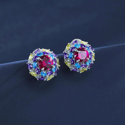 925 Sterling Silver Multi-Color Halo Stud Earrings, Round Lab Grown Ruby Earrings with Lab Created Gemstone Accents