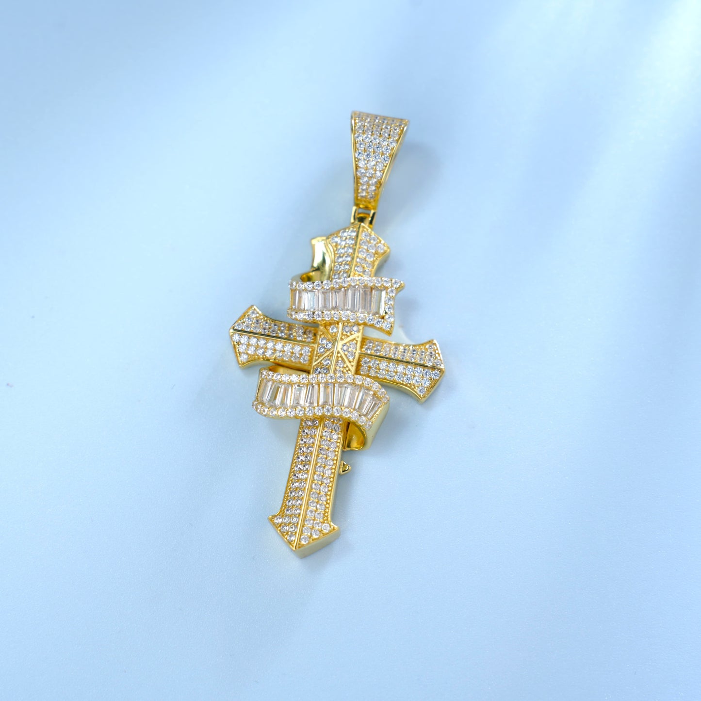 Iced Out Double Cross Pendant, Gold Plated 925 Sterling Silver Baguette Cut Hip Hop Charm