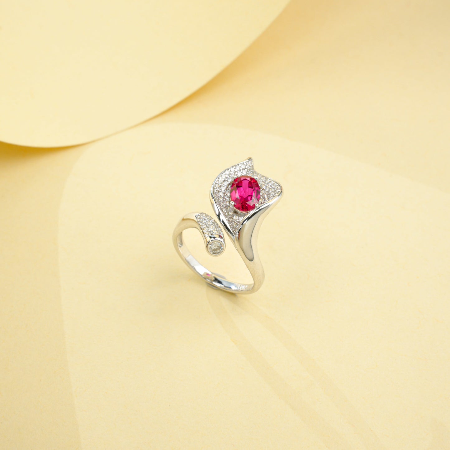 925 Sterling Silver Bypass Open Ring, 0.98ct Oval Lab Grown Ruby Adjustable Ring with Pave CZ