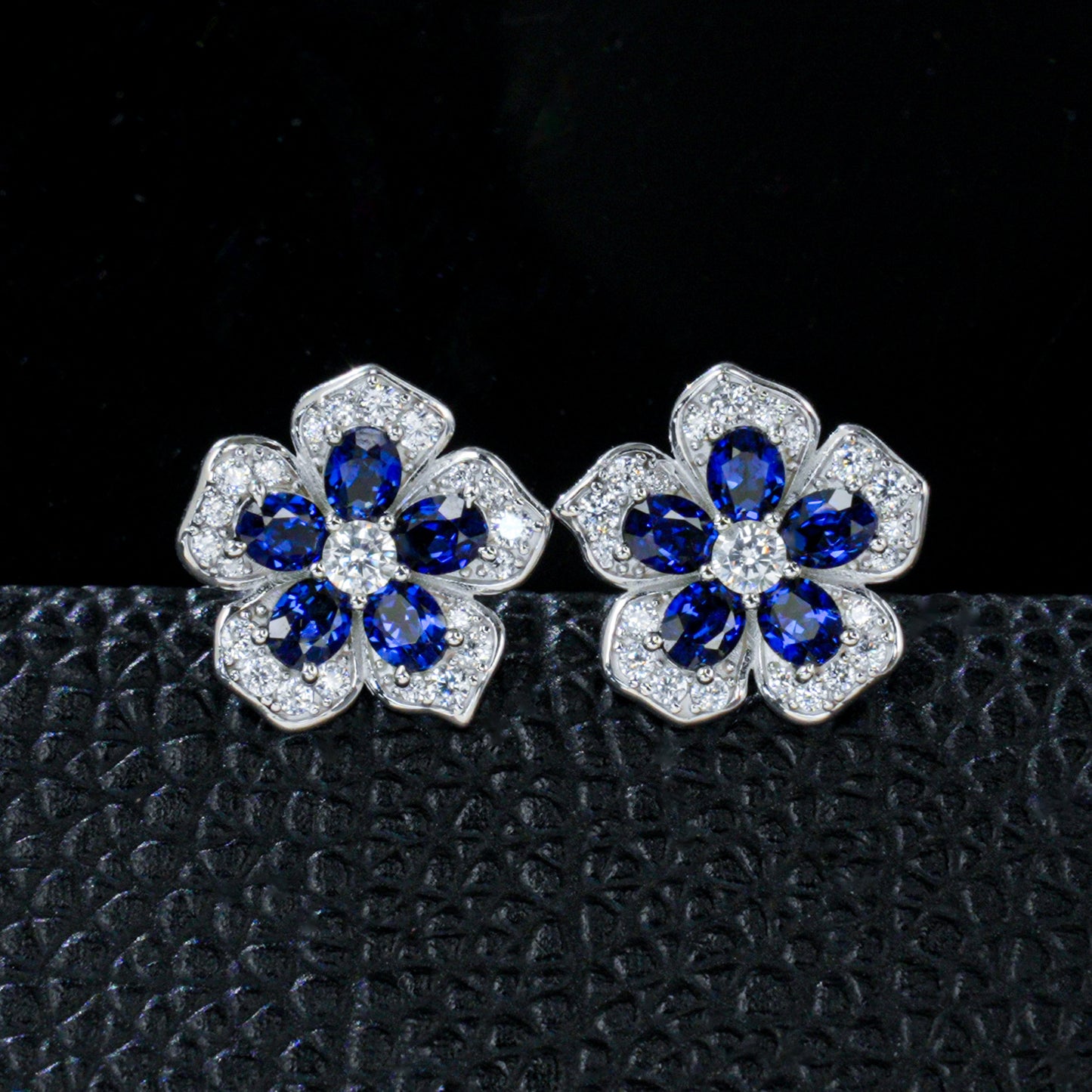 925 Sterling Silver Flower Stud Earrings, Oval Cut Lab Grown Blue Sapphire Earrings with Pave CZ