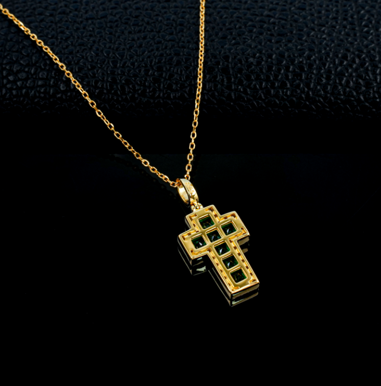 S925 Sterling Silver Lab Grown Emerald Princess Cut Halo Cross Pendant Necklace