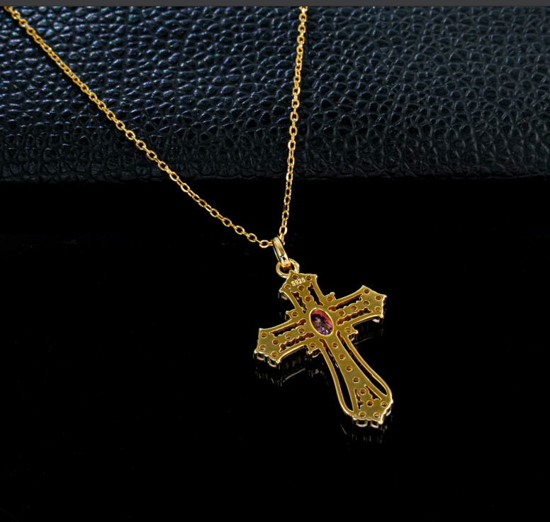 S925 Sterling Silver Lab Grown Padparadscha Sapphire Vintage Cross Pendant Necklace