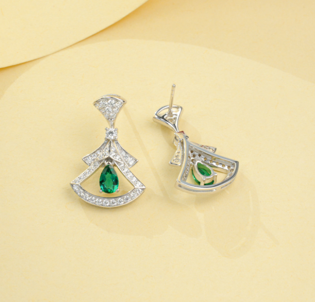 S925 Sterling Silver Lab Grown Emerald Pear Cut Skirt Shape Stud Earrings
