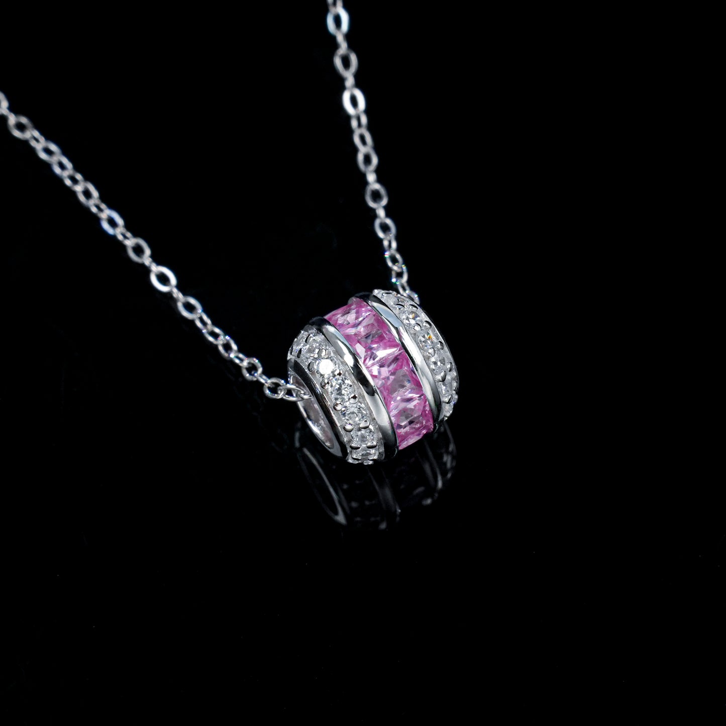 925 Sterling Silver Lab Grown Padparadscha Sapphire Barrel Pendant Necklace - Pave Cylinder Dainty Necklace