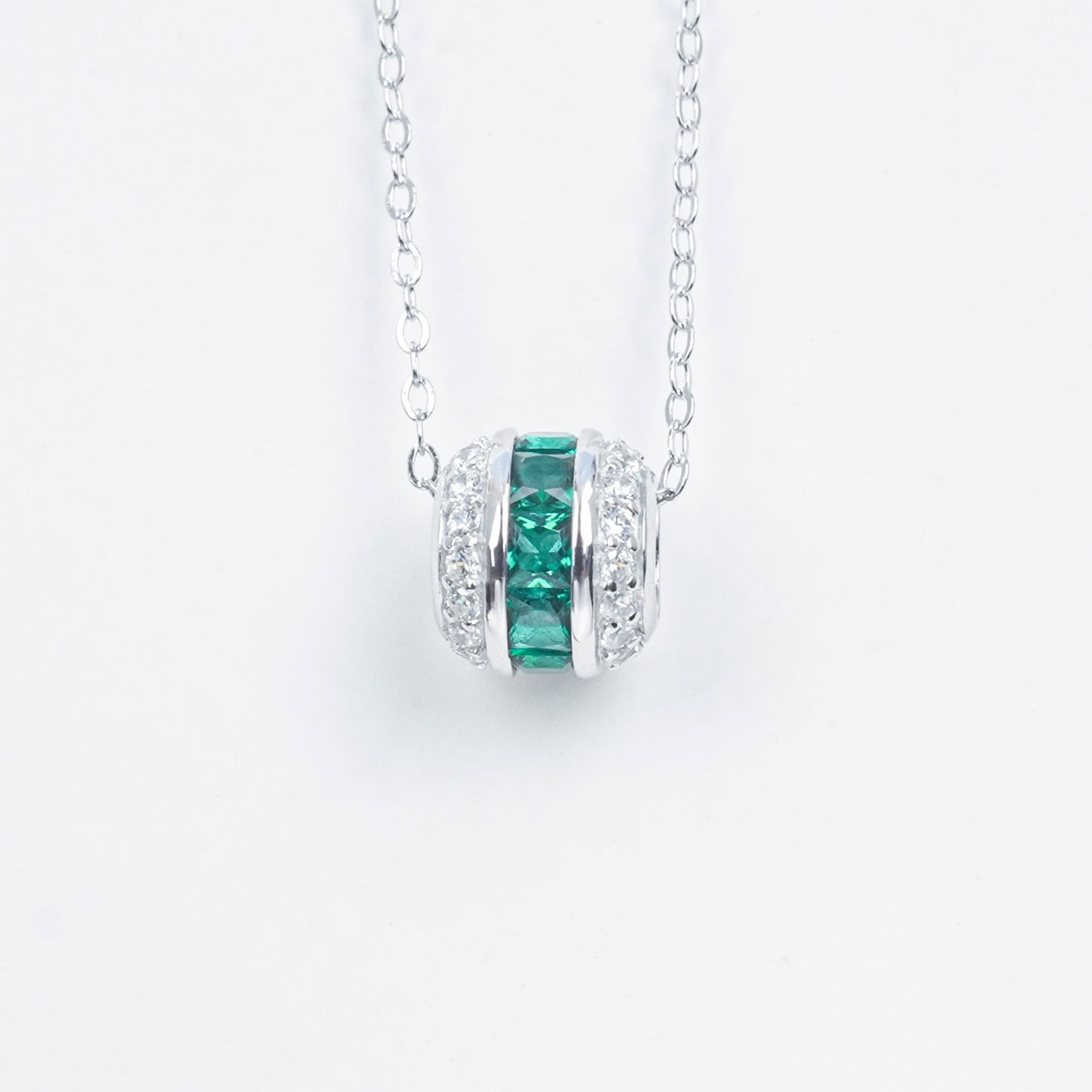925 Sterling Silver Lab Grown Emerald Barrel Pendant Necklace - Pave Cylinder Stackable Necklace