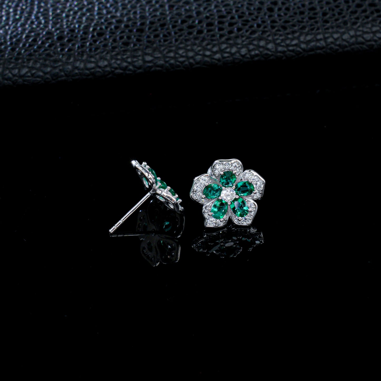 925 Sterling Silver Flower Stud Earrings, Oval Cut Lab Grown Emerald Earrings with Pave CZ