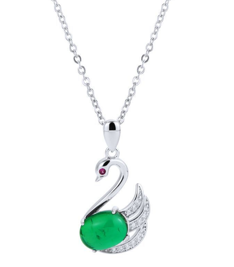 S925 Sterling Silver Lab Grown Emerald Cabochon Swan Pendant Necklace