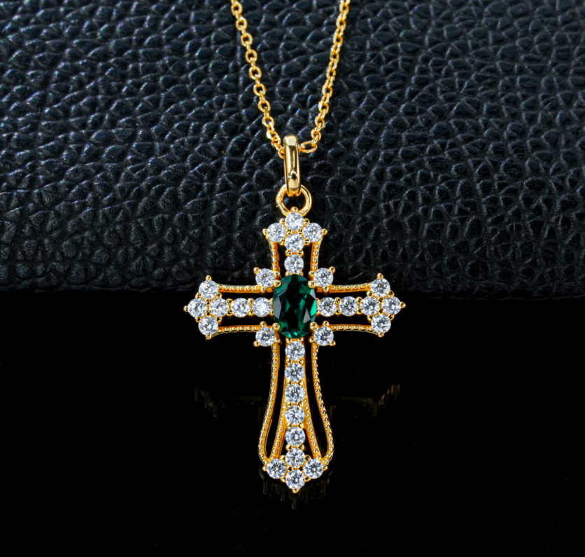 S925 Sterling Silver Lab Grown Emerald Vintage Cross Pendant Necklace