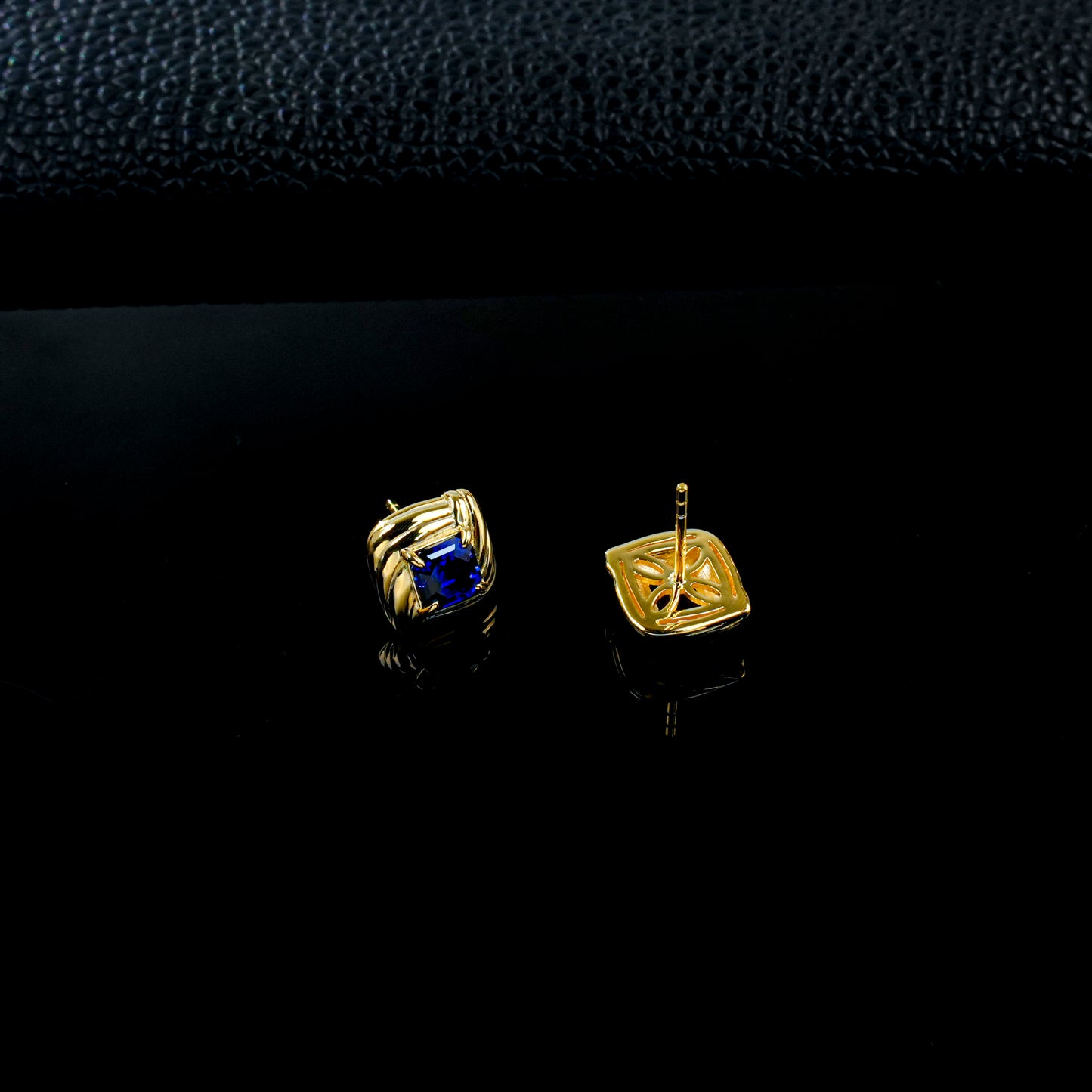 925 Sterling Silver Gold-Plated Square Twist Earrings | 5mm Princess Cut Lab-Grown Blue Sapphire Stud Earrings