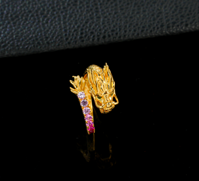 S925 Sterling Silver 22K Gold Plated 3D Sculpted Chinese Dragon Statement Ring