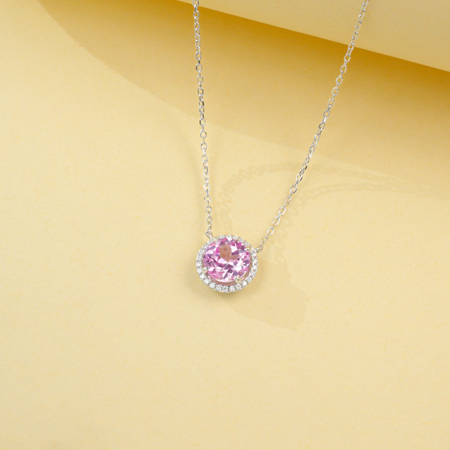 Lab Grown Padparadscha Pink Sapphire Halo Pendant Necklace, 925 Sterling Silver, 8mm 2.62ct
