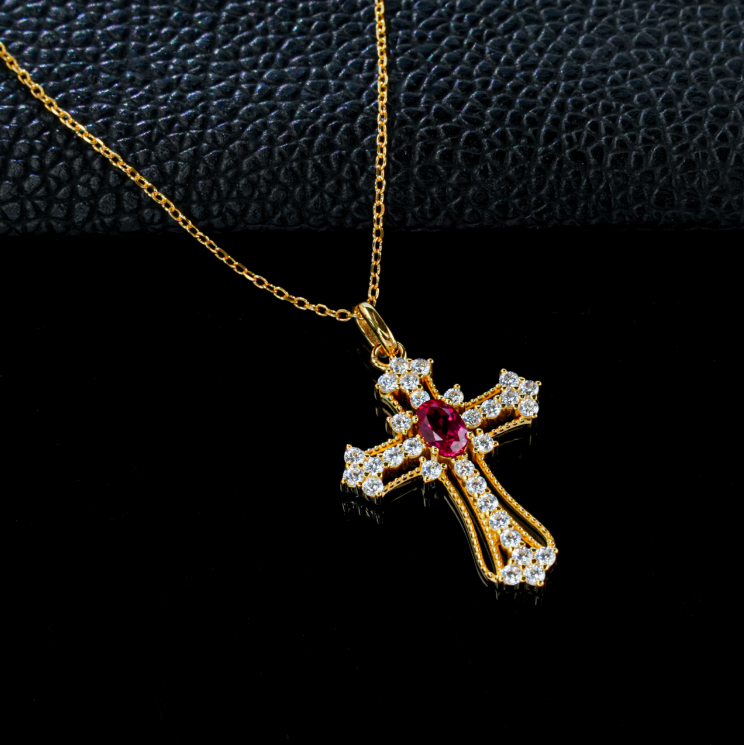 S925 Sterling Silver Lab Grown Ruby Vintage Cross Pendant Necklace