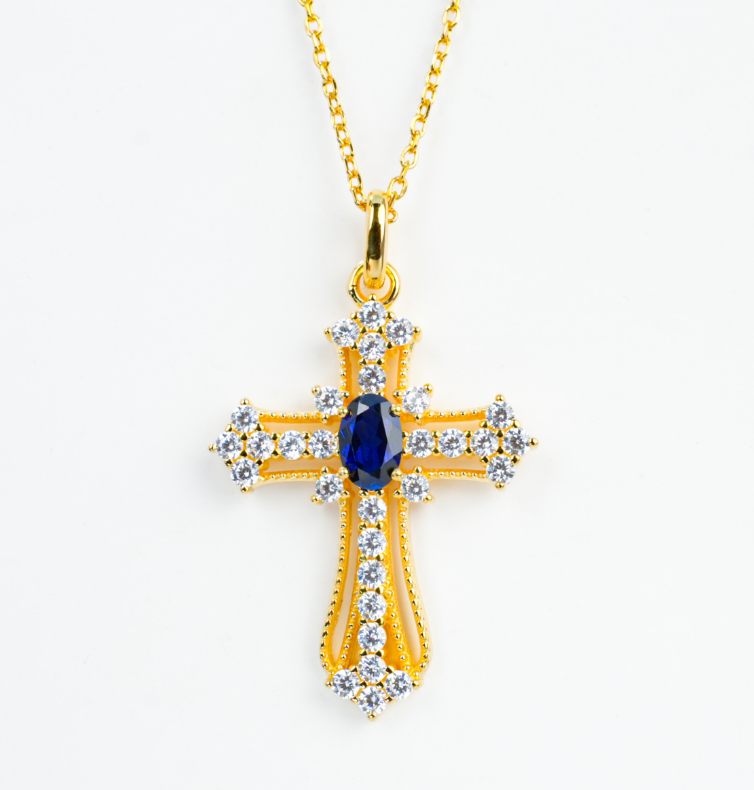 S925 Sterling Silver Lab Grown Blue Sapphire Vintage Cross Pendant Necklace