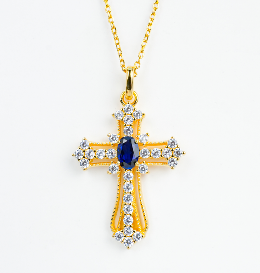 S925 Sterling Silver Lab Grown Blue Sapphire Vintage Cross Pendant Necklace