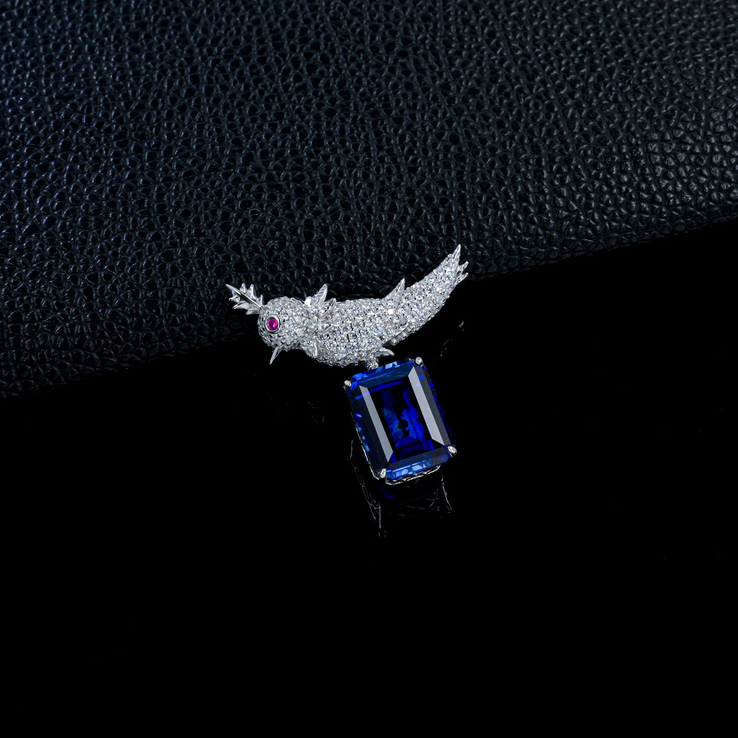 925 Sterling Silver Bird Brooch Pin, Emerald Cut Lab Grown Blue Sapphire Statement Brooch with Pave Zircon