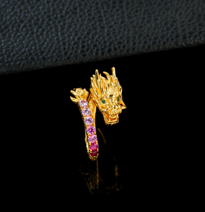 S925 Sterling Silver 22K Gold Plated 3D Sculpted Chinese Dragon Statement Ring