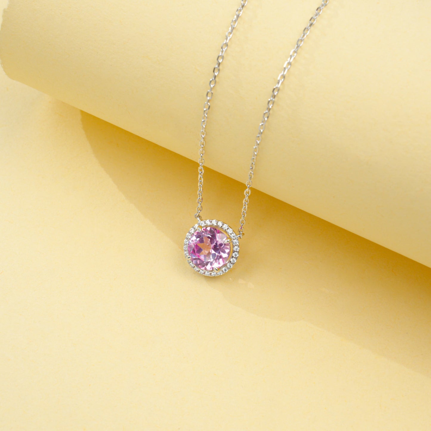 Lab Grown Padparadscha Pink Sapphire Halo Pendant Necklace, 925 Sterling Silver, 8mm 2.62ct
