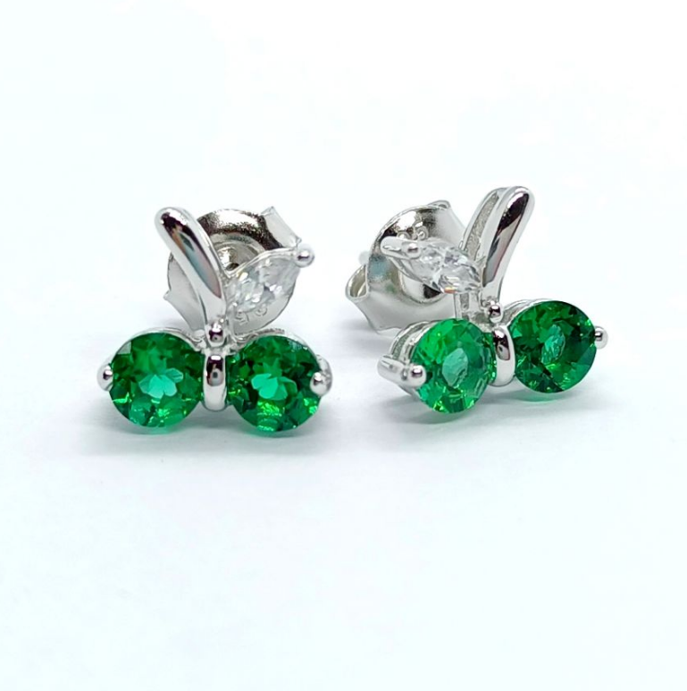 S925 Sterling Silver Emerald Cherry Stud Earrings, Silver Tone