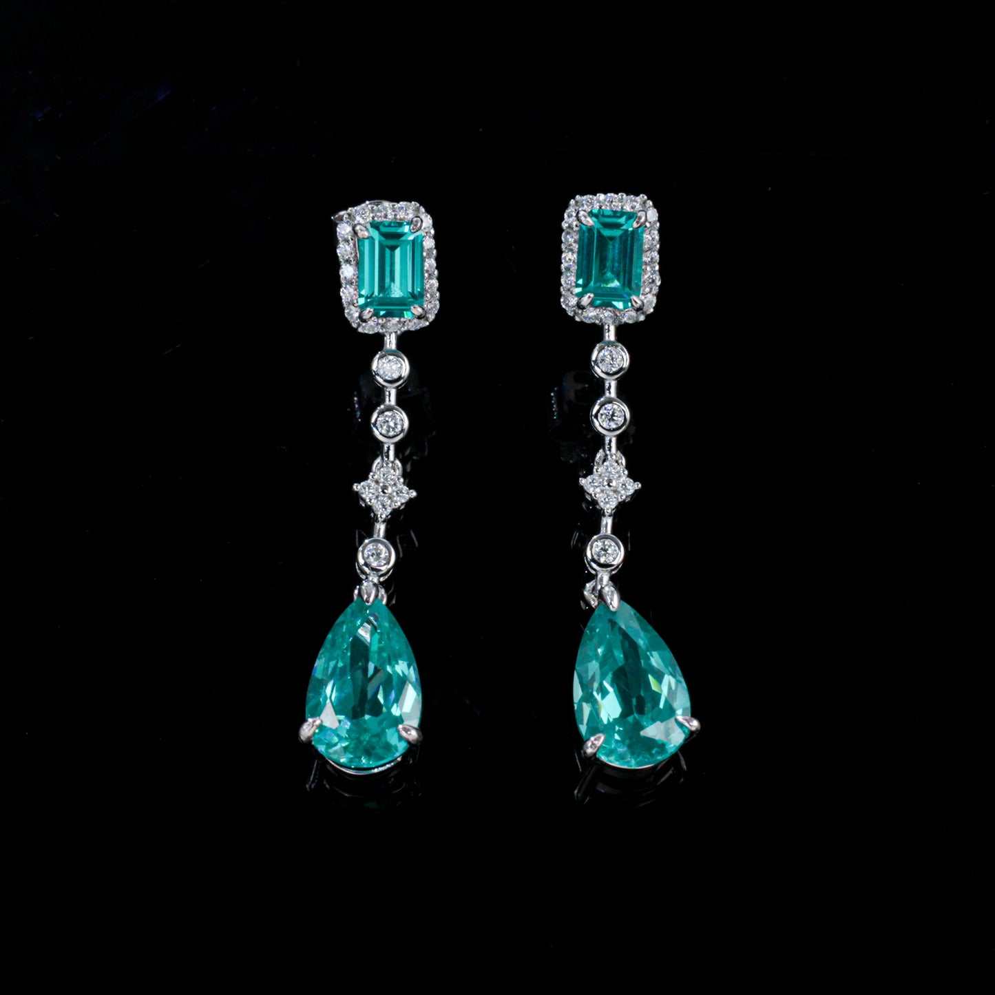 925 Sterling Silver Lab-Grown Paraiba-Color Green Garnet Drop Earrings | Emerald Cut & Pear Shape Dangle Earrings