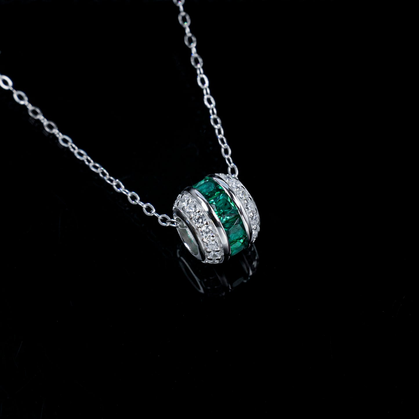 925 Sterling Silver Lab Grown Emerald Barrel Pendant Necklace - Pave Cylinder Stackable Necklace