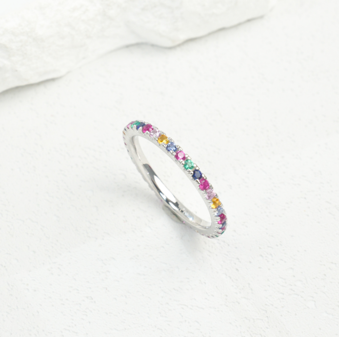 S925 Sterling Silver Rainbow Multicolored Gemstone Half Eternity Stackable Ring