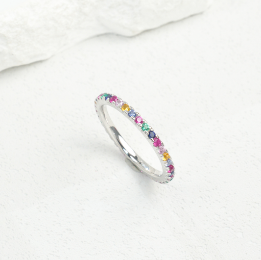 S925 Sterling Silver Rainbow Multicolored Gemstone Half Eternity Stackable Ring