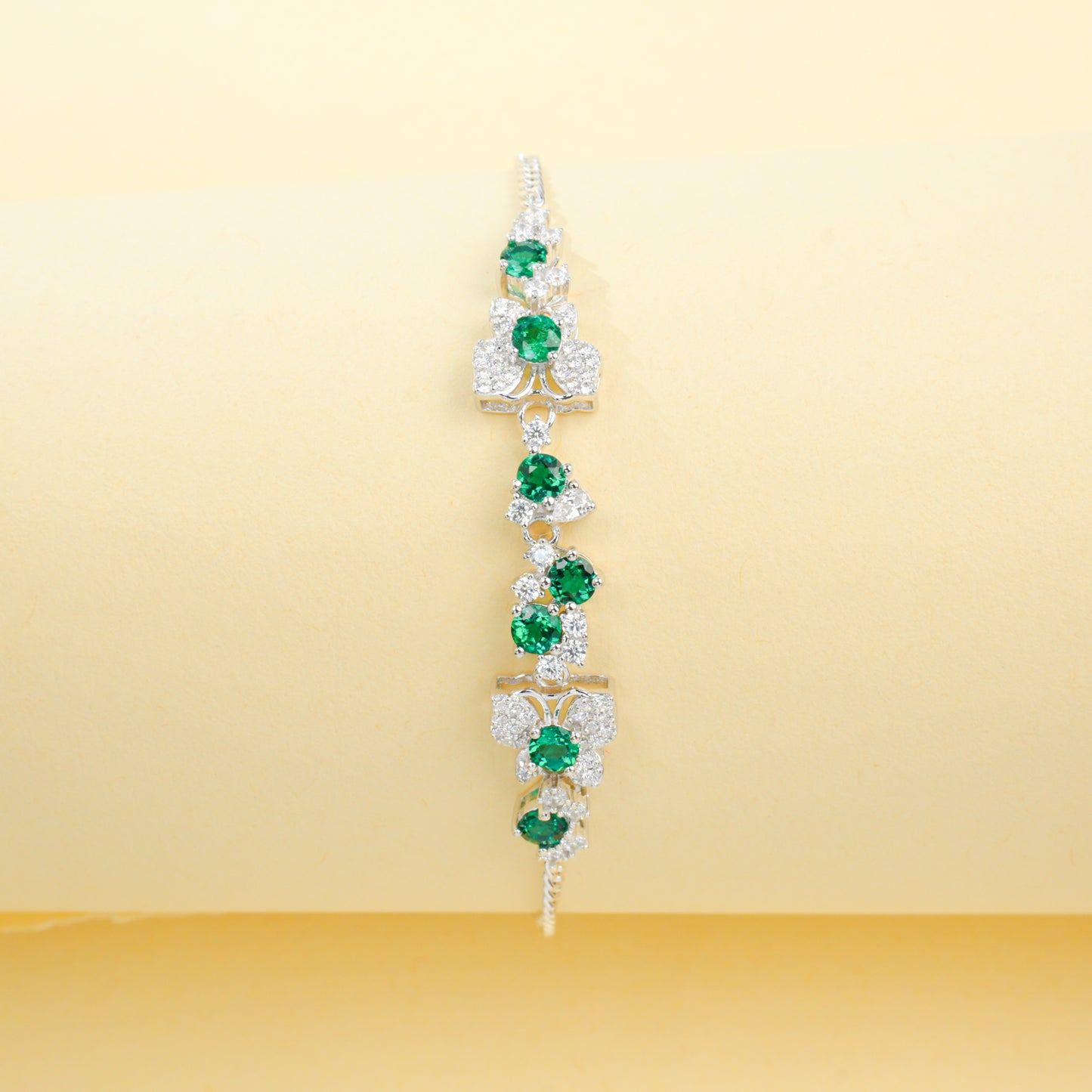 Lab Grown Emerald Floral Cluster Station Bracelet, 925 Sterling Silver 1.1ct Green Gemstone, 7 Stones