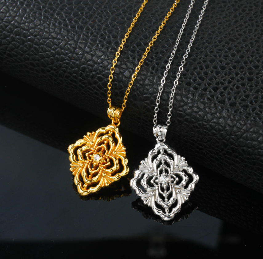 S925 Sterling Silver White Gold Plated Vintage Filigree Floral Openwork Pendant Necklace