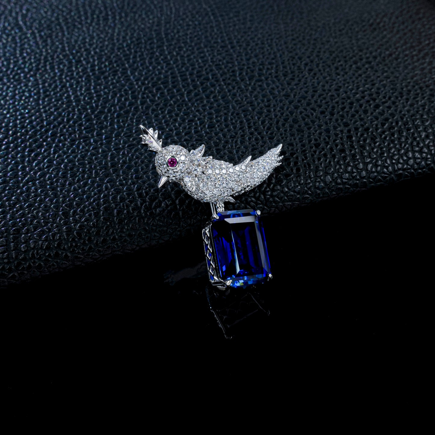 925 Sterling Silver Bird Brooch Pin, Emerald Cut Lab Grown Blue Sapphire Statement Brooch with Pave Zircon