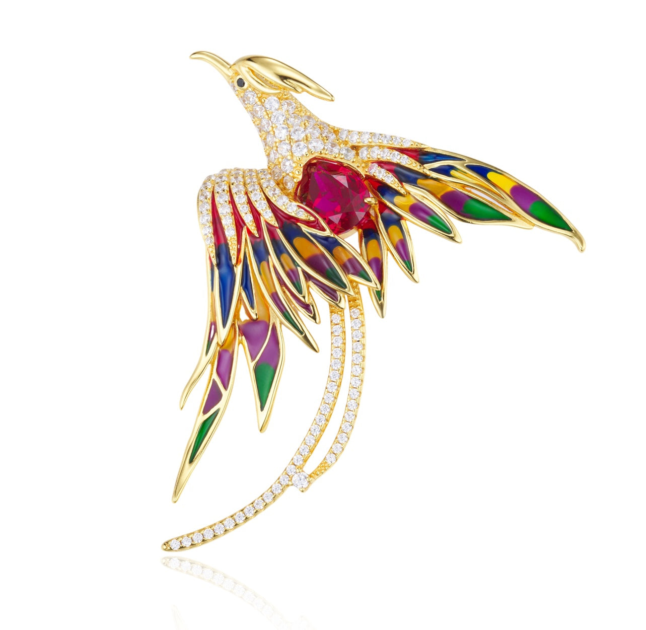 Lab Created Ruby Phoenix Brooch Pin, 925 Sterling Silver Multicolor Enamel Bird Statement Brooch, 3.16ct