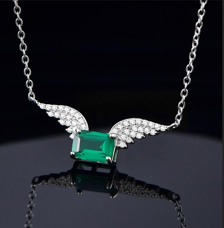 S925 Sterling Silver Emerald Angel Wings Pendant Necklace