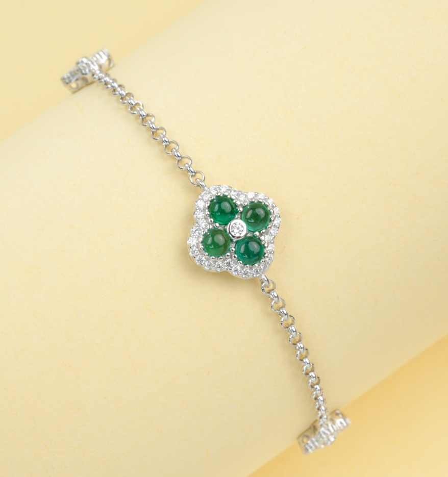 S925 Sterling Silver Emerald Clover Adjustable Bracelet
