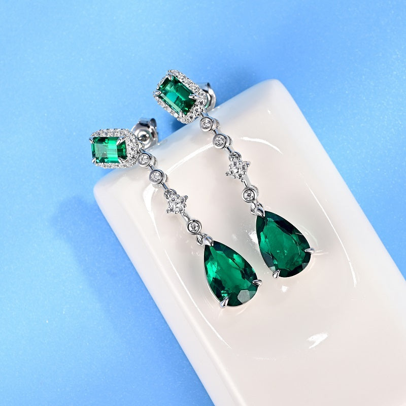 925 Sterling Silver Lab-Grown Emerald Drop Earrings | Emerald Cut & Pear Shape Dangle Earrings