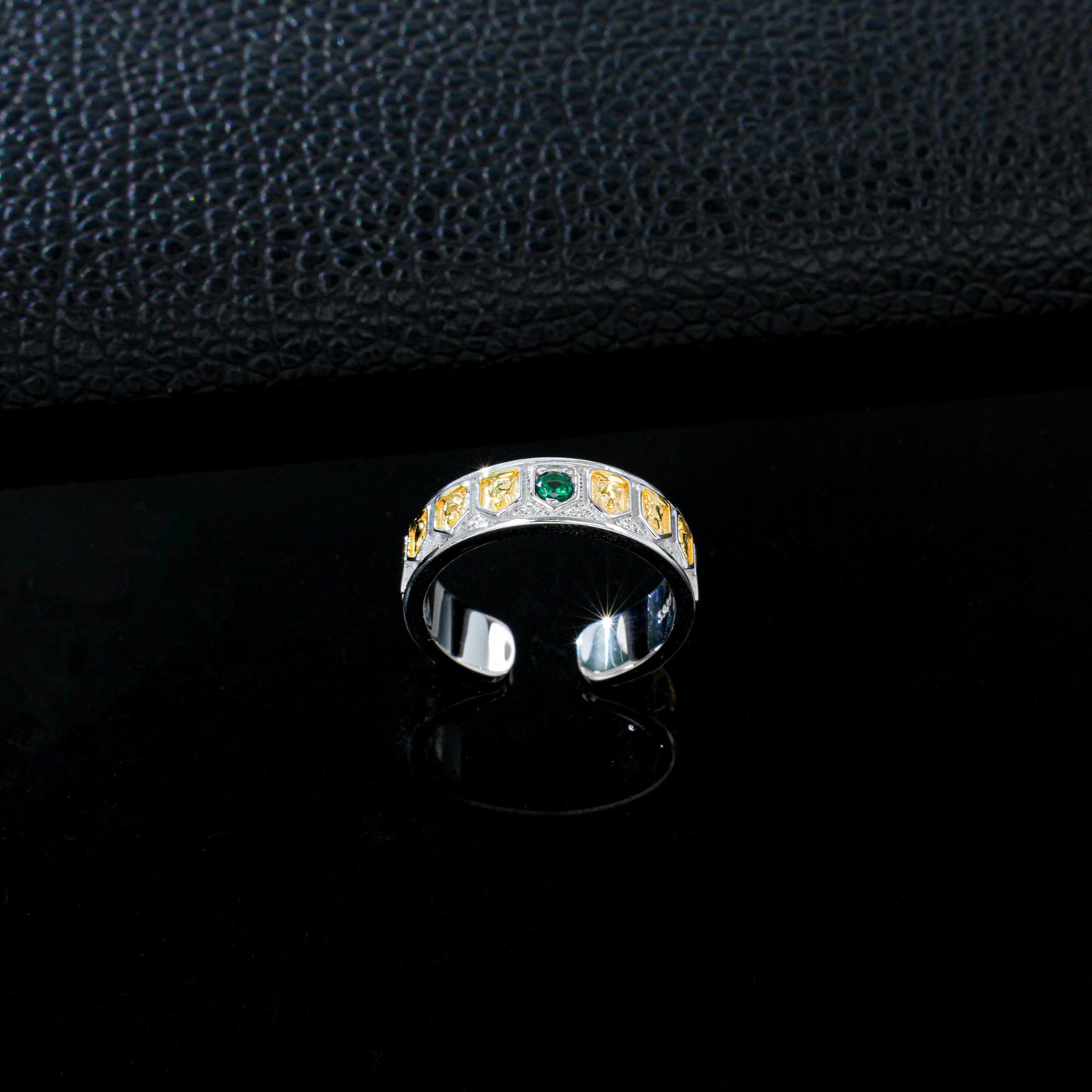 925 Sterling Silver Two-Tone Open Ring, Round Lab Grown Emerald Adjustable Band Ring with Carved Details