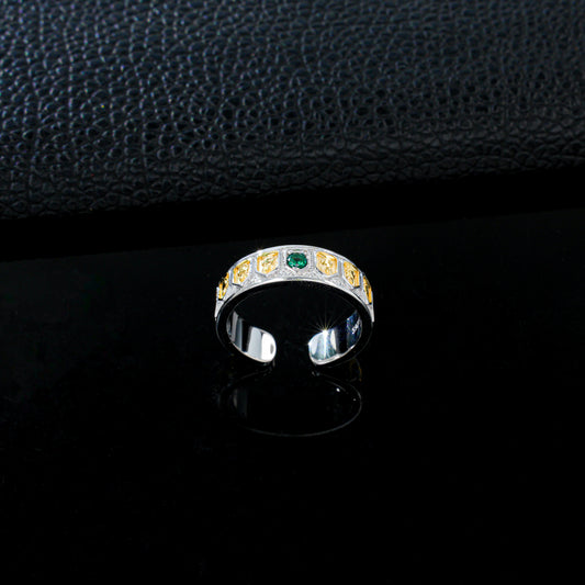 925 Sterling Silver Two-Tone Open Ring, Round Lab Grown Emerald Adjustable Band Ring with Carved Details