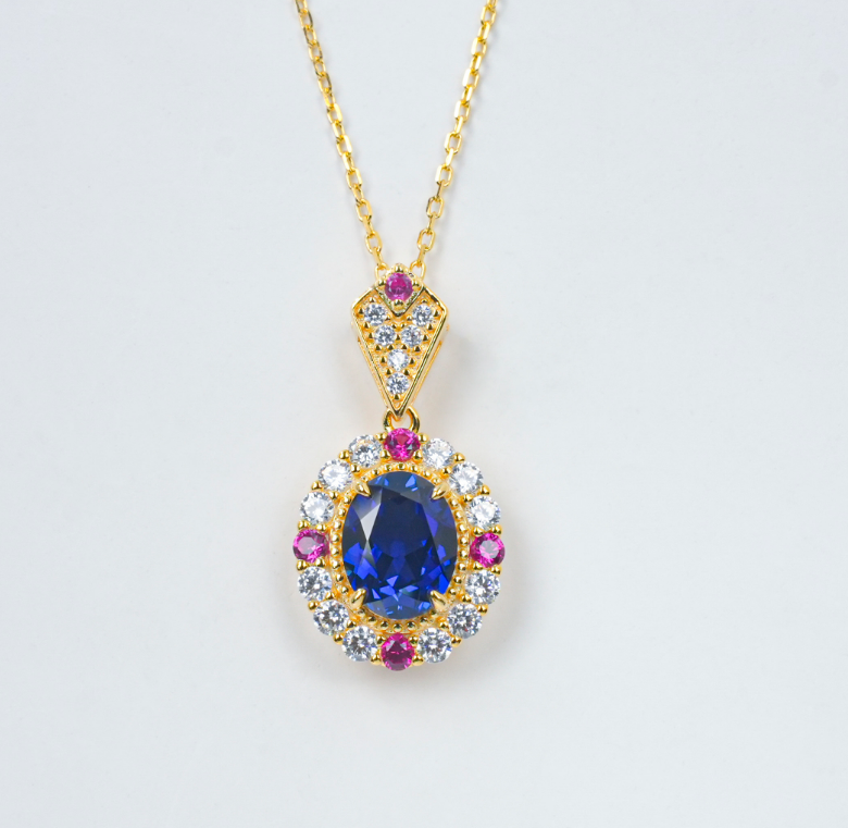 S925 Sterling Silver Lab Grown Blue Sapphire & Ruby Halo Vintage Pendant Necklace