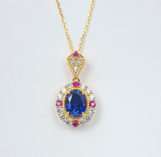 S925 Sterling Silver Lab Grown Blue Sapphire & Ruby Halo Vintage Pendant Necklace