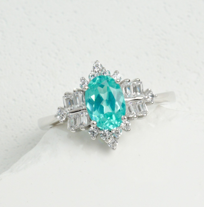 S925 Sterling Silver Paraiba Tone Green Garnet Halo Ring
