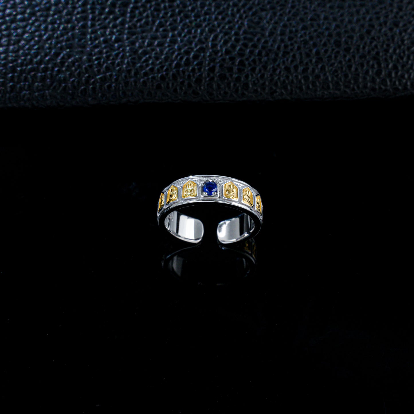 925 Sterling Silver Two-Tone Open Ring, Round Lab Grown Blue Sapphire Adjustable Band Ring with Carved Details