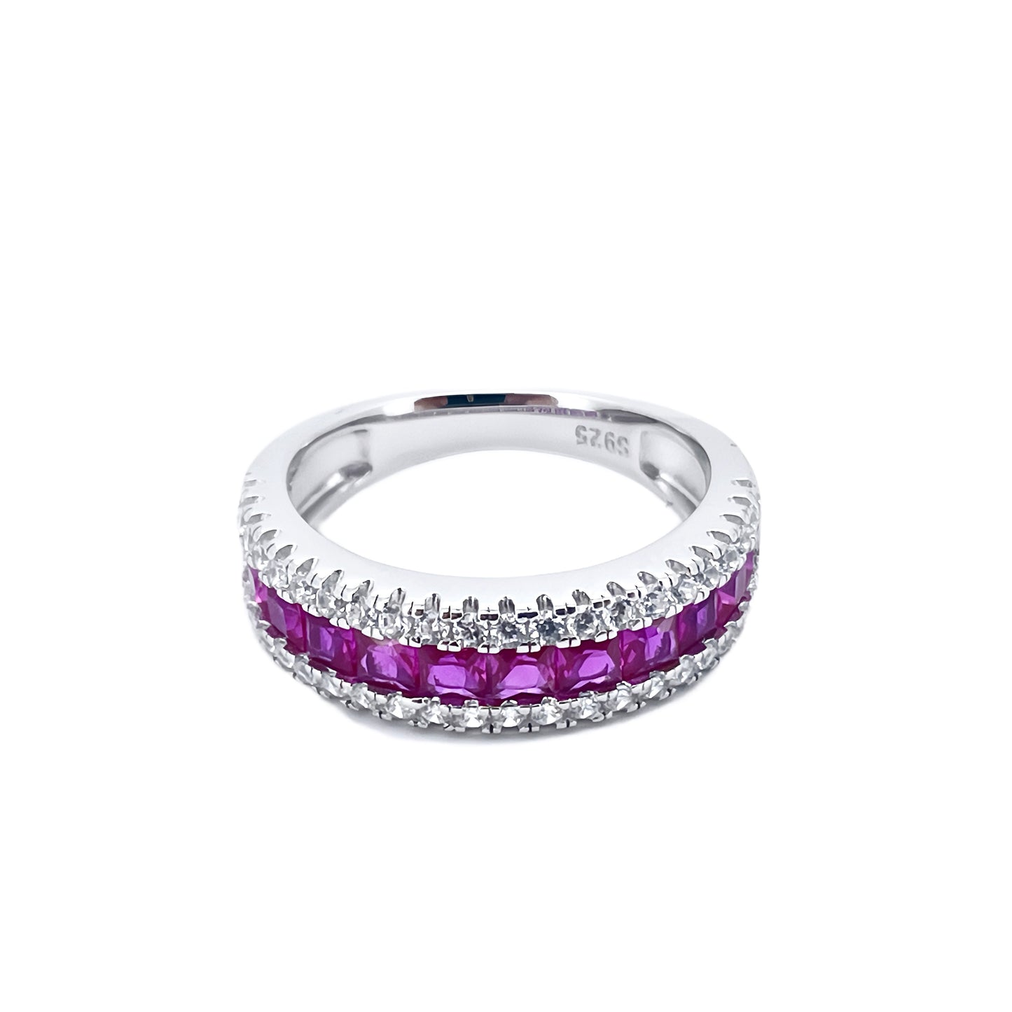 Lab Grown Ruby Half Eternity Band Ring, 925 Sterling Silver Princess Cut Channel Set Stackable Ring
