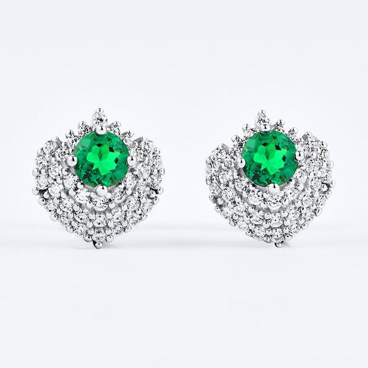 925 Sterling Silver Lab-Grown Emerald Halo Stud Earrings | Classic Cluster Green Gemstone Earrings