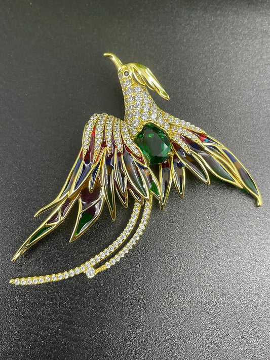 Lab Grown Emerald Phoenix Brooch, 925 Sterling Silver Multicolor Enamel Bird Pin, 2.01ct