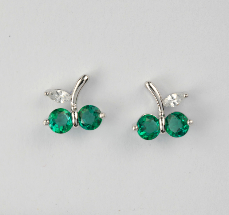S925 Sterling Silver Emerald Cherry Stud Earrings, Silver Tone