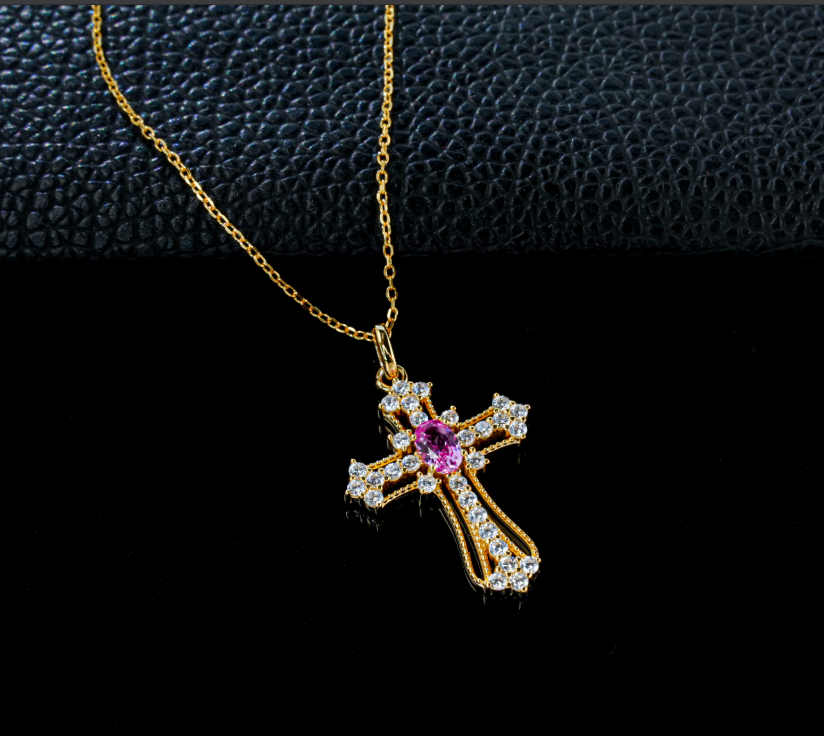 S925 Sterling Silver Lab Grown Padparadscha Sapphire Vintage Cross Pendant Necklace