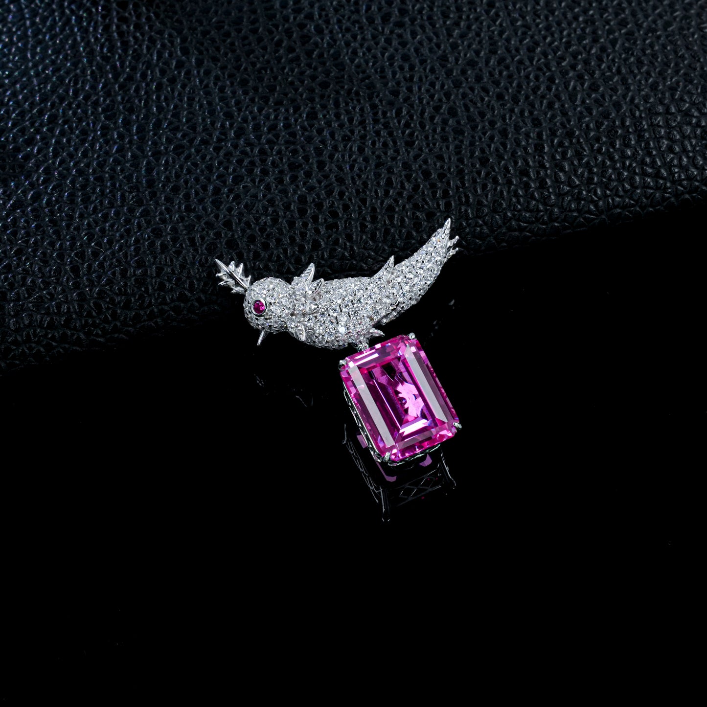 925 Sterling Silver Bird Brooch Pin, Emerald Cut Lab Created Padparadscha Pink Sapphire Brooch with Pave Zircon