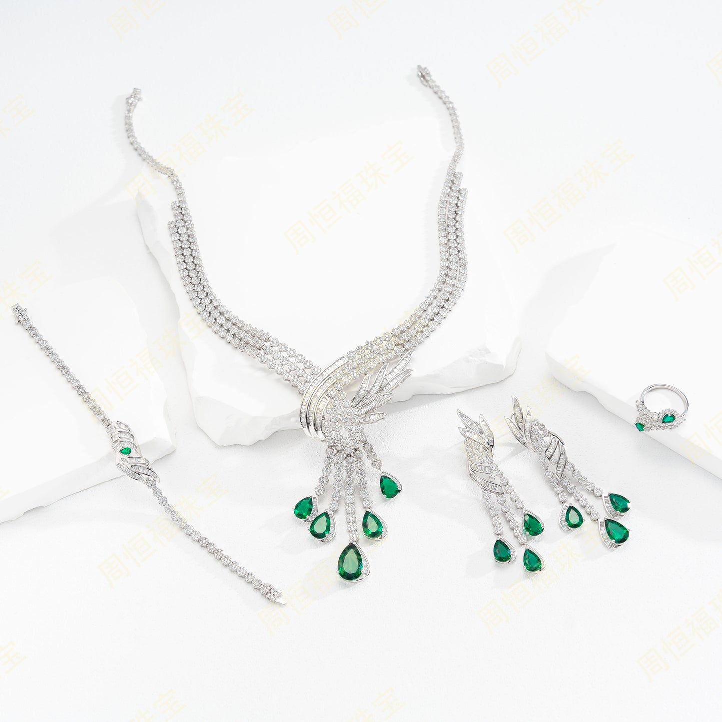 4-Piece Lab Grown Emerald Statement Jewelry Set, 925 Sterling Silver Pave Bridal Necklace Set, Luxury Teardrop, Formal Evening & Wedding Set