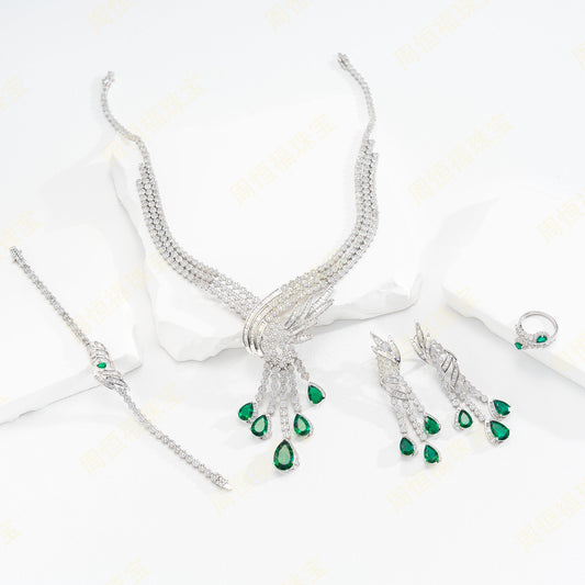 4-Piece Lab Grown Emerald Statement Jewelry Set, 925 Sterling Silver Pave Bridal Necklace Set, Luxury Teardrop, Formal Evening & Wedding Set